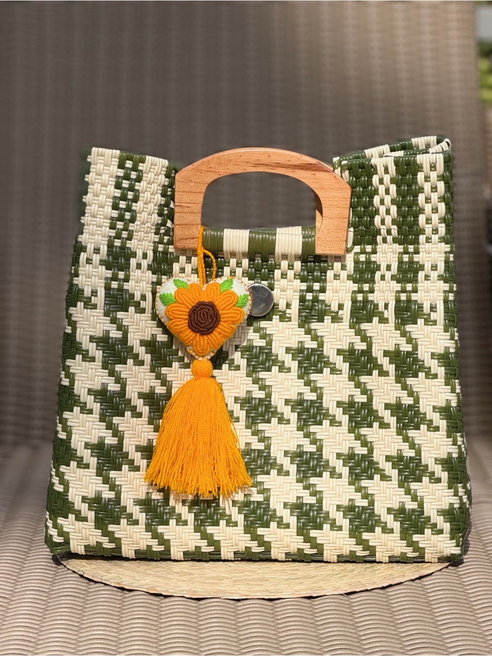 Woven Green & Cream Tote Bag with Wooden Handle